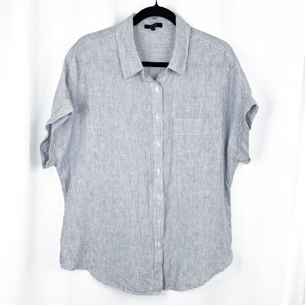 Quince 100% European Linen Camp Shirt Women L Blue Pinstripe Oversized Button